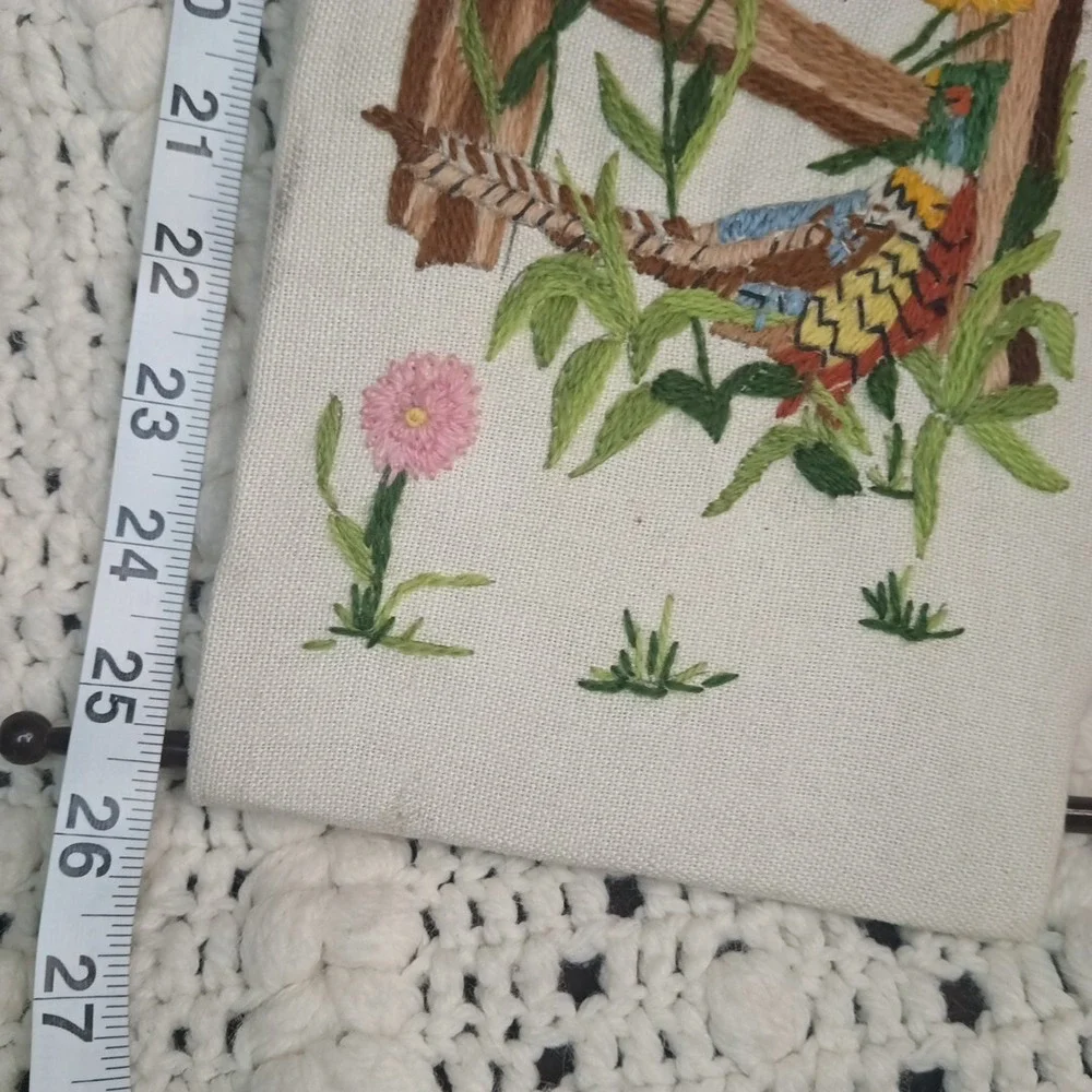 Embroidered Cross Stitch Hanging Art Birds Vintage Handmade Quail Leewards 26X6
